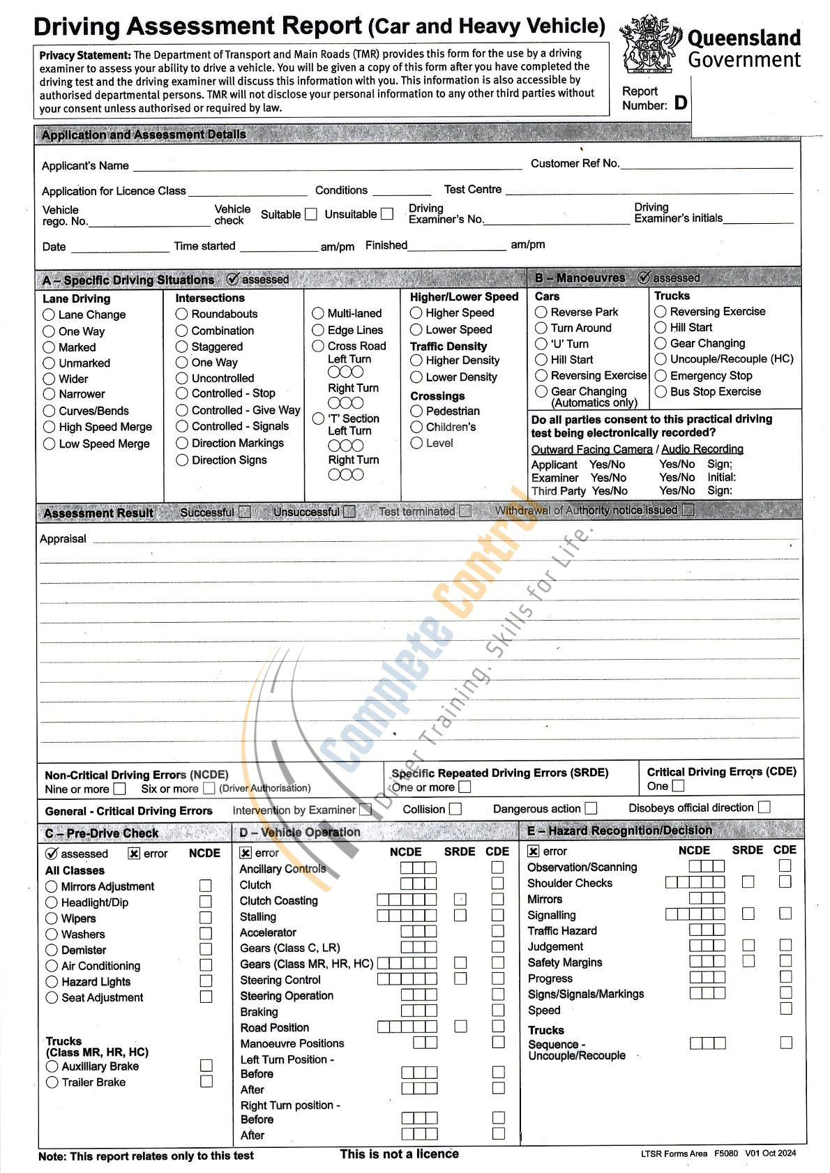 TMR QLD Driving Assessment Report form F5080
