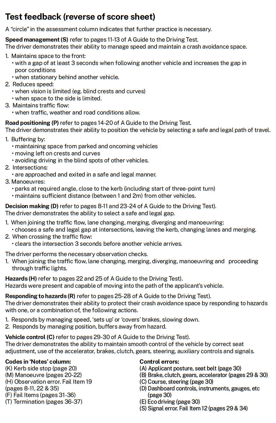 Second page of the NSW driving test score sheet