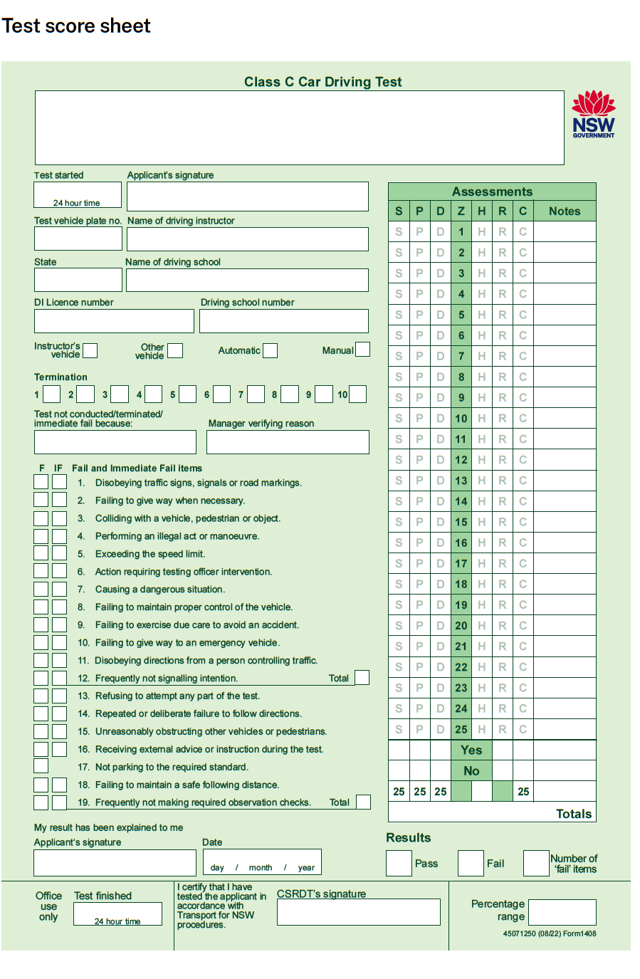Transport for NSW Class C car driving test score sheet, Form 1408